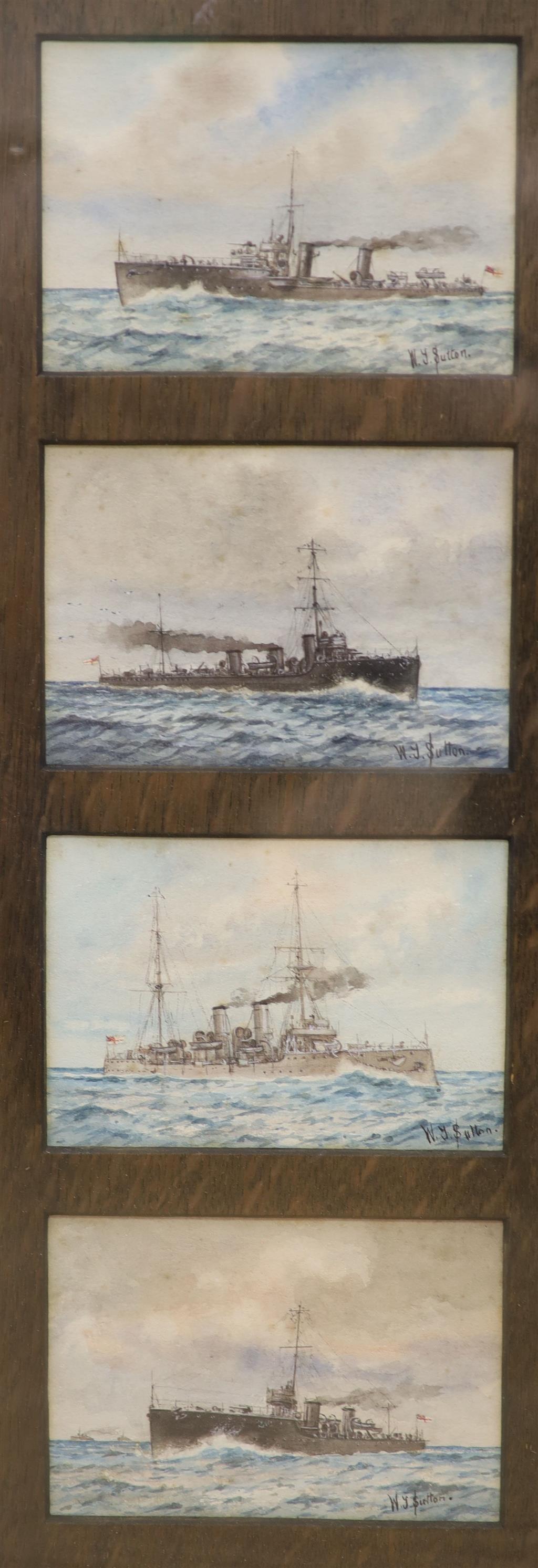 W. J. Sutton, eight watercolours, Studies of pre-WWI Warships, HMS Jed, Goldfinch, Pegasus, Lark, Britannia, Isis, Implacable and Swift